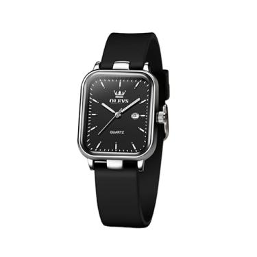 Imagem de OLEVS Relógio feminino de quartzo, mostrador quadrado, analógico, silicone, impermeável, clássico, design elegante, presente ideal para uso diário, Preto-7089