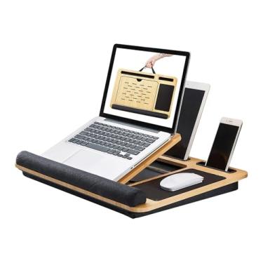 Imagem de Suporte ajustável de madeira para laptop com almofada – Suporte dobrável para laptop, suporte para computador, mesa de tablet, suporte para laptop com armazenamento para cama, sofá e escritório