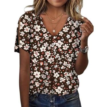 Imagem de Blusa túnica HOTYD Boho com estampa floral, decote em V, manga curta, 