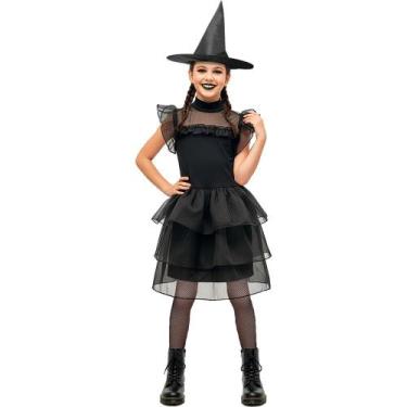 Imagem de Fantasia Halloween Infantil Menina Gotica de Luxo Vestido Bruxa Chapeu