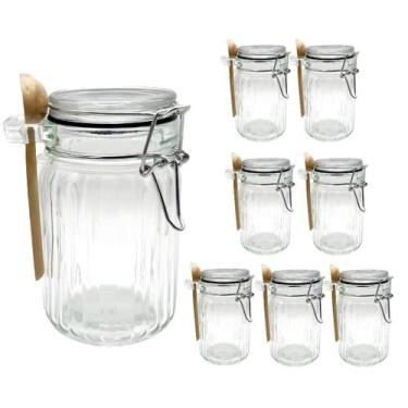 Imagem de Kit 8 Pote Hermético De Vidro Com Trava e Colher de Bambu Redondo 280m
