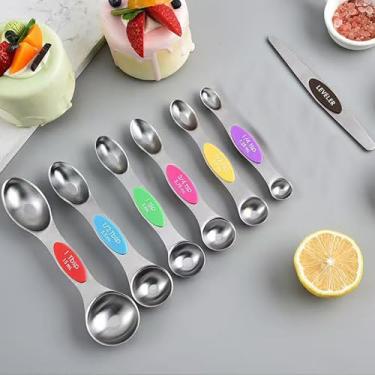 Imagem de Conjunto de 7 colheres de medição magnéticas de aço inoxidável com nivelador, colher de chá de metal dupla face e colheres de sopa, utensílios de cozinha para assar e cozinhar