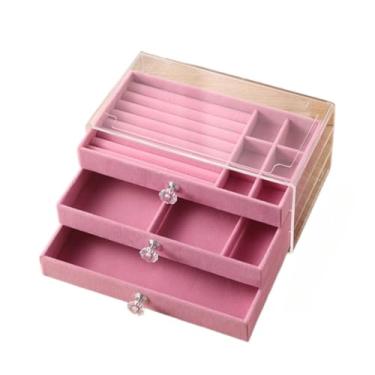 Imagem de Porta Joia Acrílico Com 3 Camadas Brinco Anel Compartimento caixa de armazenamento de jóias (ROSA)