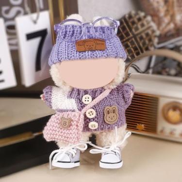 Imagem de Conjunto de roupa de malha compatível com Labubu 15 cm/17 cm (nenhuma boneca incluída) - gorro roxo, suéter colorblock, bolsa rosa, óculos e tênis branco (roxo)