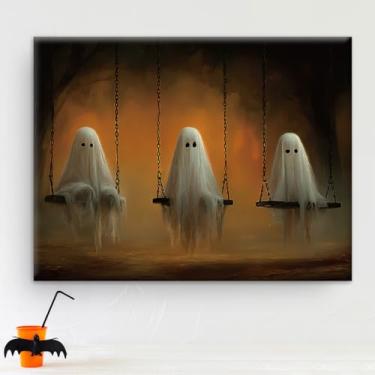 Imagem de Fantasma assustador no balanço Halloween arte de parede vintage fantasma assustador Dark Academia Halloween decoração de parede para sala de estar quarto 25 x 20 cm