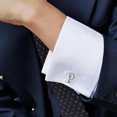 Imagem de Abotoaduras masculinas clássicas de aço inoxidável com 26 letras iniciais do alfabeto abotoaduras, One Size, Aço inoxidável, Sem Pedra Preciosa