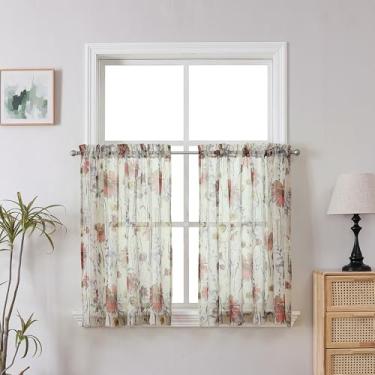 Imagem de OWENIE Cortinas transparentes esmagadas para cozinha café camadas 61 cm comprimento 2 painéis, design impresso janela pequena meia cortinas para banheiro, quarto, armário, sala de estar, cortina de