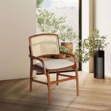 Imagem de Cadeira Para Cozinha Florença Madeira Jequitibá Terra - Com Braço Linho Bege E Encosto De Palha