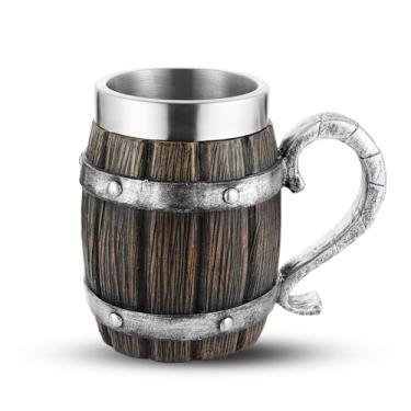 Imagem de AsAlways Caneca de cerveja barril de vinho de aço inoxidável grande copo medieval caneca de cerveja novidade utensílios de bebida renascentista acessório presente 600 ml