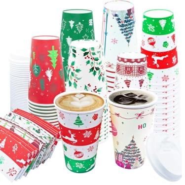 Imagem de Decodinli 36 peças de xícaras de café descartáveis de Natal, 473 ml, copos de papel de festa de inverno de Natal com tampas e mangas, xícaras de café para bebidas quentes e frias, decorações de
