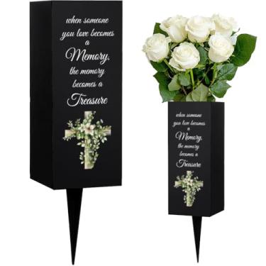 Imagem de WEBEEDY Vasos de cemitério para sepultura com padrão de cruz de folha de ponta, suporte de flor, vasos memoriais, decorações de cemitério para túmulos, quintal, jardim, presente de simpatia fúnebre