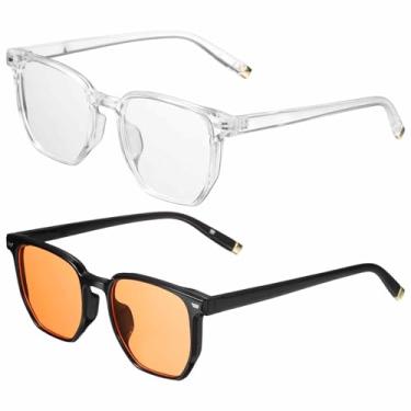 Imagem de HARFINGTON 2 peças de óculos de sol para mulheres e homens, óculos de sol quadrados modernos de policarbonato para dirigir, fazer compras e tirar fotos, preto transparente e brilhante