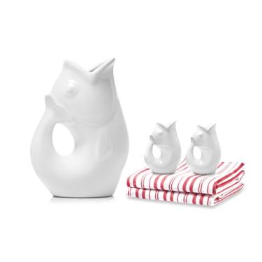Imagem de Gurgle Pot Conjunto de presente de jarra de peixe, jarro grande de 1,2 l, saleiro e pimenteiro combinando com toalhas de cozinha. Jarra decorativa que "gorgoleja" quando você despeja (toalhas
