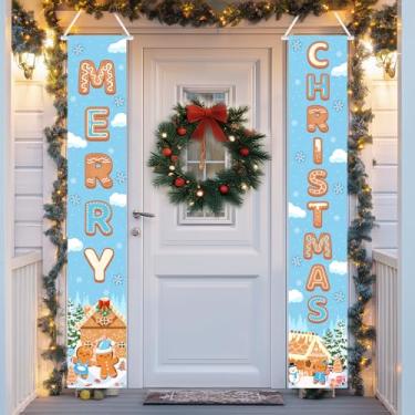 Imagem de Avezano Decorações de Natal ao ar livre Pão de gengibre azul Banners de Natal Decorações de porta de pão de gengibre para suprimentos de férias de inverno