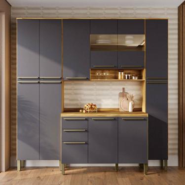 Imagem de Armário de Cozinha Modulada com Balcão e Tampo 12 Portas 2 Gavetas Xangai 100% Mdf com Vidro Reflecta Amêndoa/Cinza - Pnr Móveis