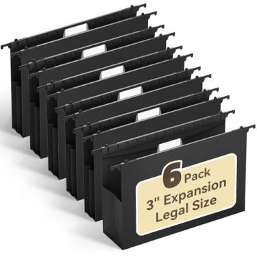 Imagem de Ansook Pastas de arquivo suspensas de plástico tamanho legal, pasta de arquivo de expansão resistente de 7,6 cm com abas de 1/5, pacote com 6 pastas para armário de arquivo, pasta suspensa sanfonada