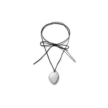 Imagem de AIETUE Colar feminino com pingente de pedrinhas de ouro grosso, minimalista, boêmio, pingente de coração de feijão, ajustável, cordão preto, joia que não mancha, presente, Large, Metal Couro, Sem