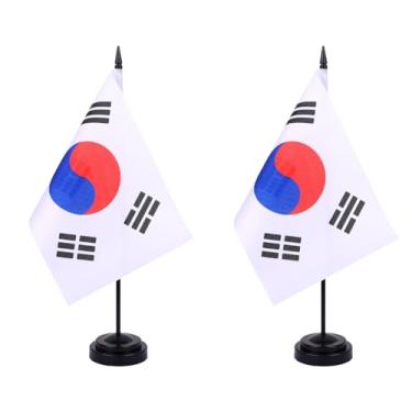 Imagem de JBSJBS Bandeira de mesa da Coreia 30,5 cm, conjunto de luxo, bandeiras coreanas, mini bandeiras de mesa de escritório da Coreia com base preta para decoração de mesa (pacote com 2)