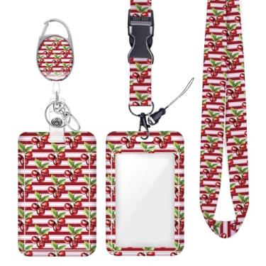 Imagem de Porta-crachá de identificação de cereja listrado horizontal, cordões para crachás de identificação, chaveiro, protetor vertical, clipes de mosquetão retráteis, cordão de chave resistente para mulheres