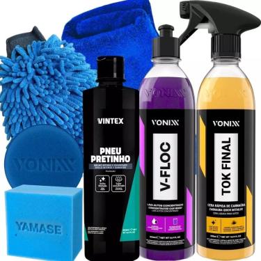Imagem de Kit Para Lavar Moto Pneu Pretinho Shampoo V-Floc Cera Tok Final Carnauba Vonixx 500ML Luva e Pano Microfibra