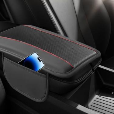 Imagem de DUSCOKE Capa de console central de carro, protetor de couro de fibra de carbono para apoio de braço de carro, almofada de suporte de console central automotivo com armazenamento lateral, almofada de