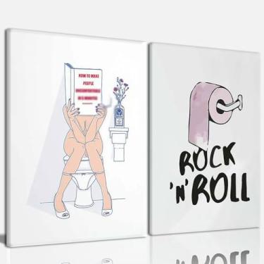 Imagem de Conjunto de 2 arte de parede em tela de banheiro engraçado, impressão feminina no banheiro, arte impressa em pôster moderno em tela, papel higiênico, pinturas em tela gráfica rock and roll, decoração