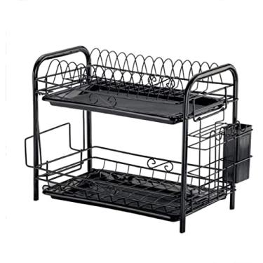 Imagem de Escorredor de louças preto duplo de aço inoxidável para secagem, suporte para tábuas de corte e escorredor de pratos para balcão de cozinha, organizador de balcão