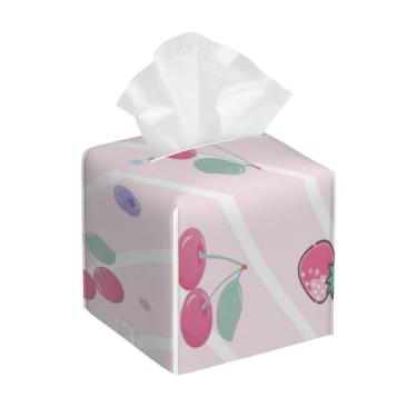 Imagem de Porta-lenços de couro quadrado à prova d'água com estampa de frutas e morangos, organizador de papel facial fofo com cinto inferior, estojo de lenços para mesa, banheiro, escritório, mesa, carro