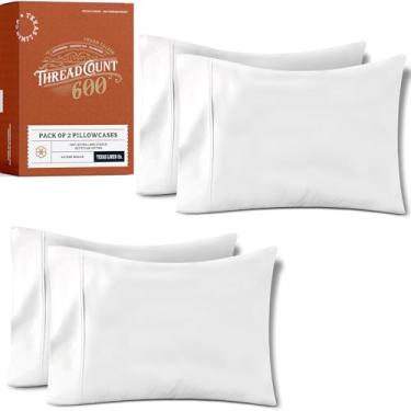 Imagem de TEXAS LINEN CO. 100% algodão egípcio king size fronhas conjunto de 4 - fronhas King de algodão luxuoso 600 fios (branca), macia, seda cetim trançado fronha de cama, fronhas extra longas