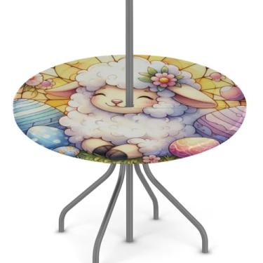 Imagem de hongjinglin Toalha de mesa de Páscoa para uso ao ar livre com orifício para guarda-chuva, toalha de mesa redonda elástica com zíper, impermeável, limpável, para piquenique, festa, pátio, serve para