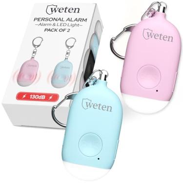 Imagem de Weten Chaveiro de alarme pessoal recarregável - sirene de 130 dB e luz LED - pacote com 2 alertas de segurança pessoal para mulheres carregarem - Alarme de botão de pânico para segurança - Apito de