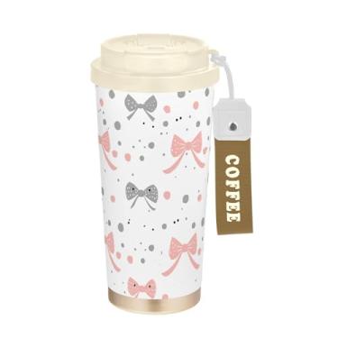 Imagem de SEHANY Linda caneca de viagem rosa com laço de bolinhas 482 g Copos de café reutilizáveis revestidos de cerâmica com tampa à prova de vazamento, parede dupla, isolamento a vácuo, copo de café de aço