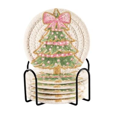 Imagem de Blueangle Porta-copos de 6 peças de árvore de Natal com laço rosa - tecido redondo super absorvente para proteção de mesa e decoração de casa (190)