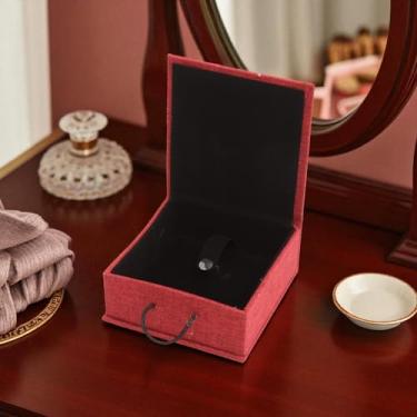 Imagem de 1 caixa de joias com fecho de madeira pequena caixa de contas de madeira tecido vinho tinto 10 x 10,3 x 4,3 cm