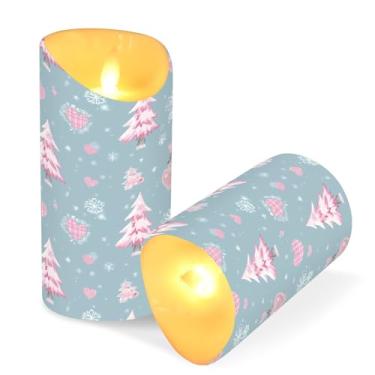 Imagem de Blueangle Pacote com 2 velas de árvore de Natal rosa sem chamas com controle remoto e temporizador, velas LED cintilantes (7,6 cm x 15 cm) para decoração de casa, casamento, acampamento (30)