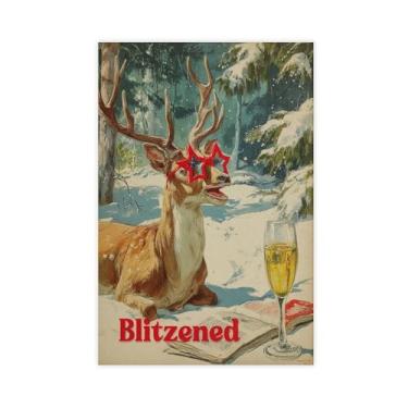 Imagem de Pôster em tela vintage de rena Blitzened – Arte de parede de Natal retrô engraçada para bar, festa ou decoração de férias, decoração de loft sem moldura 30,5 x 45,7 cm