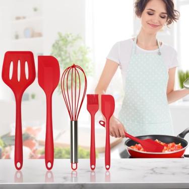 Imagem de Conjunto essencial de utensílios de cozinha – inclui pá de vazamento, espátula, espátula pequena, batedor e escova de silicone - vermelho