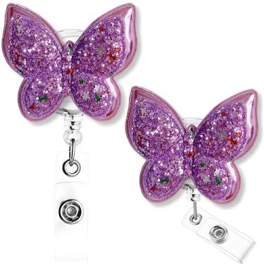Imagem de Carretel de crachá de borboleta retrátil clipe de identificação de trabalho suporte de crachá de enfermagem estudante RN LPN CNA MA trabalhador médico professor médico clipe acessórios roxo pacote com