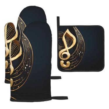 Imagem de Nota musical dourada com estrela brilhante caída - Conjunto de cozinha essencial de 3 peças, luvas seguras para calor e alça de tampa, proteção para churrasco no forno, design de armazenamento