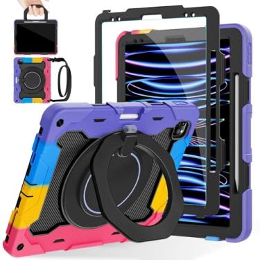 Imagem de ROISKIN Capa para iPad Pro de 12,9 polegadas (6ª, 5ª, 4ª e 3ª geração) com protetor de tela HD, suporte 360, alça, suporte de lápis, alça de ombro [proteção contra quedas de 4,5 metros] Capa robusta e