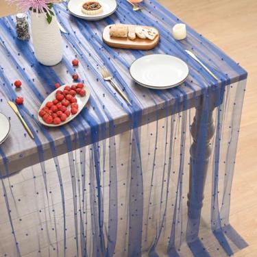 Imagem de Horaldaily Toalha de mesa retangular de gaze azul royal pérola azul 152 cm × 213 cm, gaze de renda de tule para primavera, verão, toalha de mesa de chá de panela para decoração de mesa de aniversário
