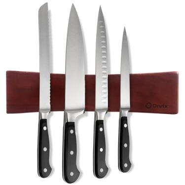 Imagem de Suporte magnético de faca de madeira de acácia de 41 cm para parede – tira de faca de ímã forte com parafusos e fita adesiva, suporte magnético de madeira para organização de cozinha, barra de faca