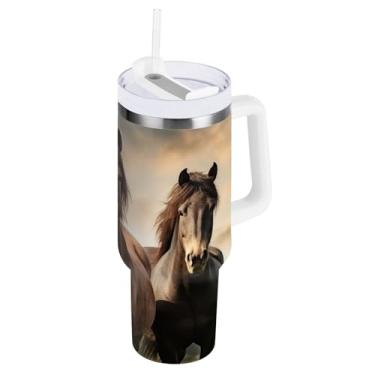 Imagem de STAYTOP Copo de cavalo de corrida de 1,134 g com tampa e canudo, copo isolado de aço inoxidável durável à prova de vazamento com alça, garrafas de água à prova de derramamento para viagens