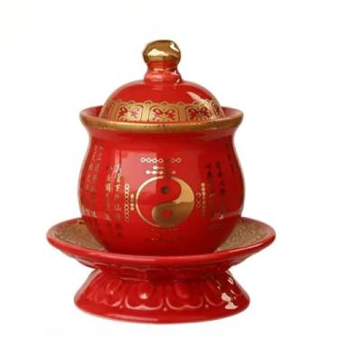 Imagem de FENNYYAR Copo de abastecimento de água cerâmica frente de Buda doméstico, 11,3 cm 11,2 cm, copo de água benta, ornamento de consagração do Deus da Riqueza