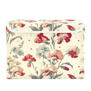 Imagem de WELLDAY Caixa de armazenamento de flores de ervilha doce com tampas, bancos maiores dobráveis de armazenamento de tecido com alças para sala de estar, sala de jogos, quarto, berçário 40 x 32 x 30 cm