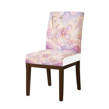 Imagem de HOMETITUTE Capas de cadeira de alta elasticidade para cadeiras de jantar, laváveis, conjunto de 4 capas de assento de cozinha macias, borboletas roxas elegantes para casa, hotel, restaurante, banquete