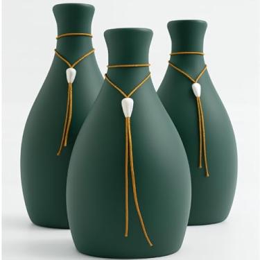 Imagem de Kit Trio 3 Vasos Decorativos Cerâmica Enfeite Decoração Elegante Casa Rack Conjunto Decorado Loja Estante Sala Cozinha(VERDE C/COLAR)