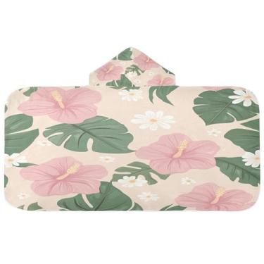 Imagem de Burbuja Toalha de banho com capuz de flores tropicais rosa para crianças, toalha de praia de pelúcia macia absorvente para chá de meninas e meninos 3-10 anos, 61 x 127 cm