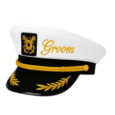 Imagem de Kings Outlet Supplies Chapéu de capitão noivo para despedida de solteiro – Chapéu de capitão náutico engraçado para homens – acessório de noivo de iate e decoração para despedida de solteiro ou viagem