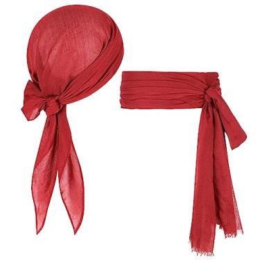Imagem de Acessórios de fantasia de pirata para Halloween – chapéu de lenço de cabeça, cinto de cintura, bandana para mulheres e homens – Cosplay renascentista, 02 Vermelho, tamanho �nico